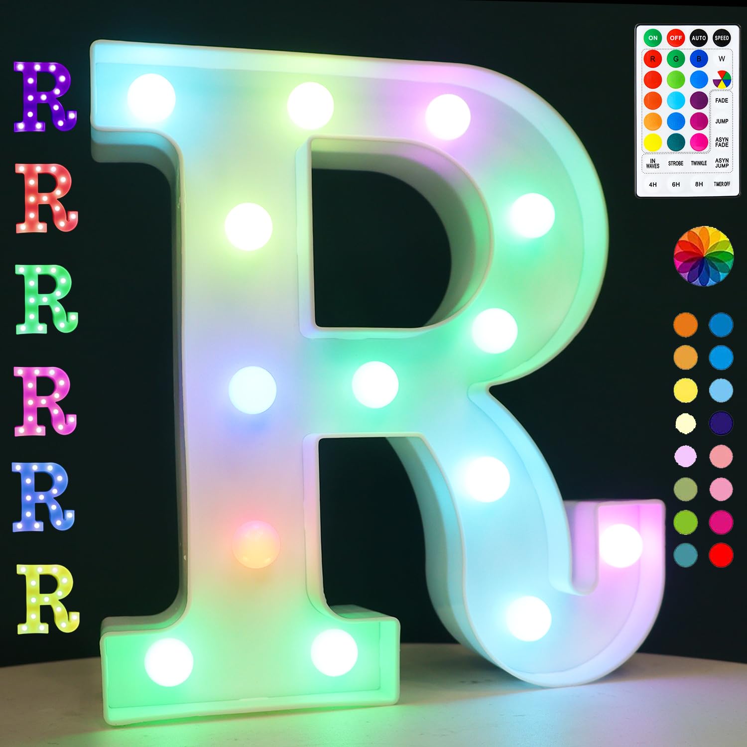 Light Up Colorful LED Marquee Letter Lights, 18 Colors Changing Alphabet Letters Sign with Remote Timer for Night Light Wedding Birthday Party Lamp Christmas Home Bar Decor- Colorful R