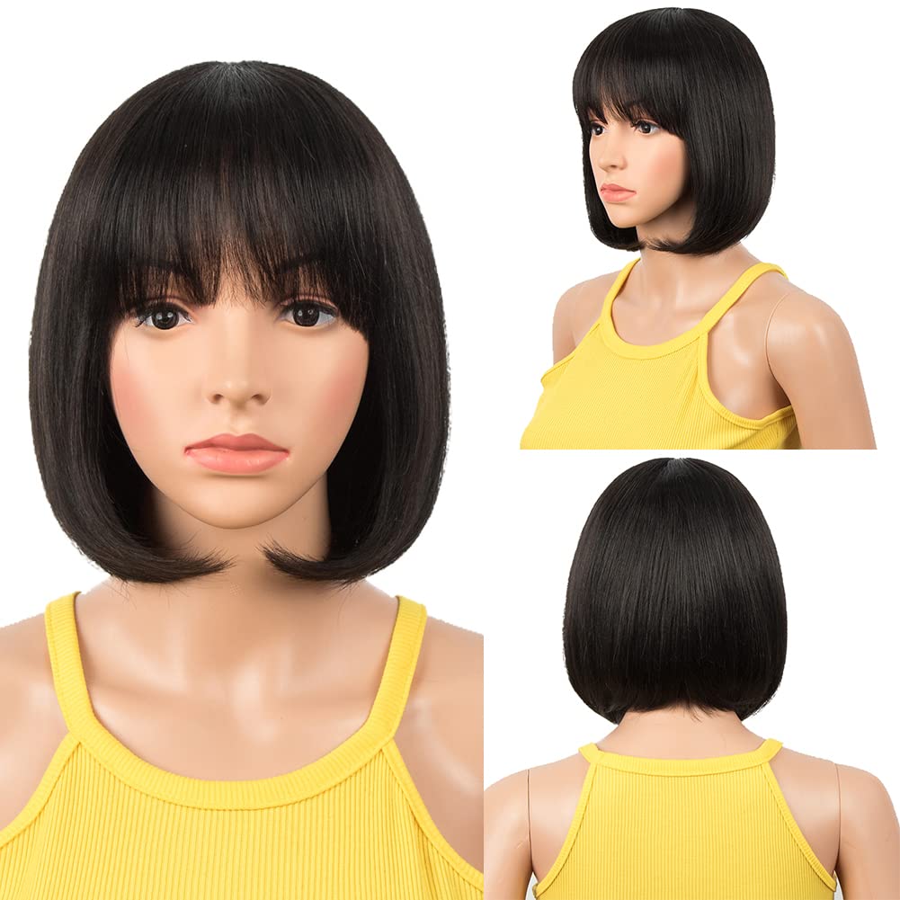 DÉBUT human hair Bob Wig with Bangs Short Straight Wigs for Women Pixie Cut 150% Density Brazilian Virgin Remy Hair（8 inches,1B）