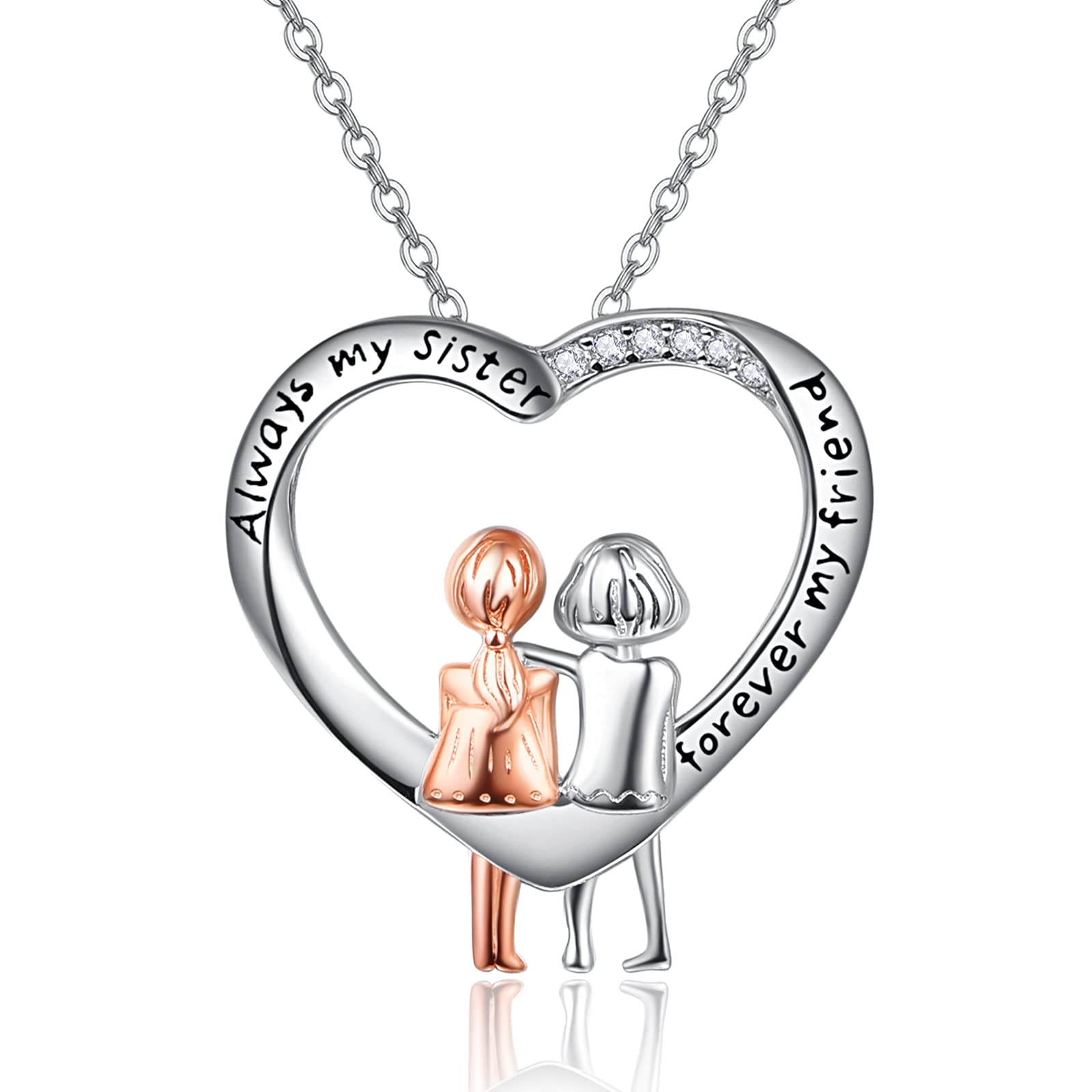 Sister Necklace "Always My Sister Forever My Friend"925 Sterling Silver Heart Shape Friendship Necklace Sister gifts Birthday gifts for Best Friends Women Girls