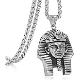 FIZIZDH Men's Stainless Steel Egyptian Pharaoh Tutankhamun Pendant Necklace with 24 inch Keel Link Chain