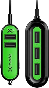 RapidX X5 5 USB Ports Car Charger 22.4A Green