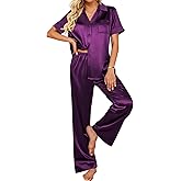 Ekouaer Silk Pajamas for Womens Set 2 Piece Satin Pjs Soft Button Down Sleepwear Wide Leg Long Pants with Pockets