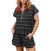 Fisoew Womens Summer 2 Piece Outfits Striped Short Sleeve Zipper Shirts Casual Shorts Loose Lounge Short Sets