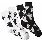 Winatehr halloween ghost socks women, novelty horror crew socks for men, funky graphic character Black and White quarter socks 2 pcs