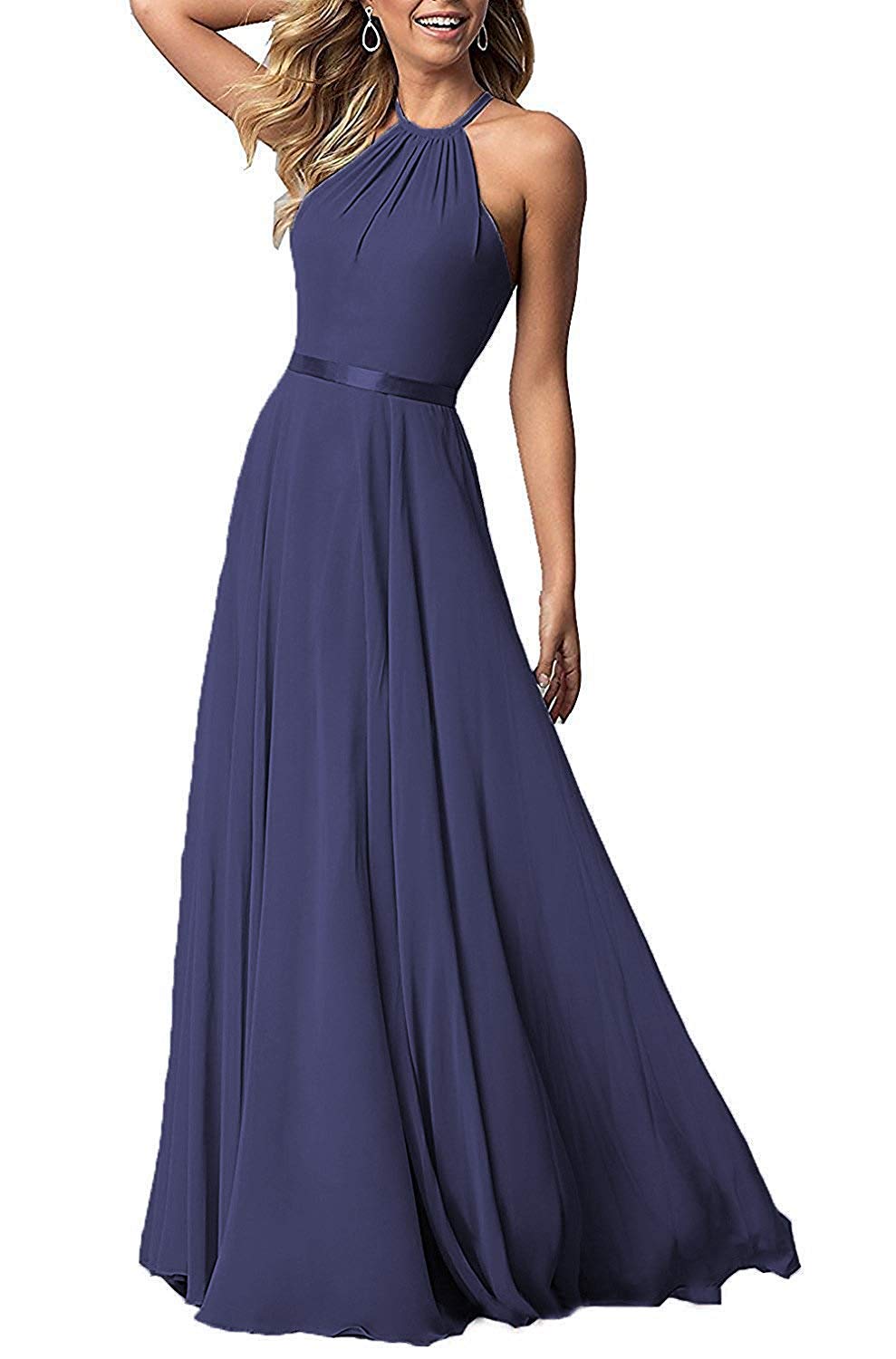 Bridesmaid Dresses Halter Prom Dress Long Chiffon Prom Gown with Sash