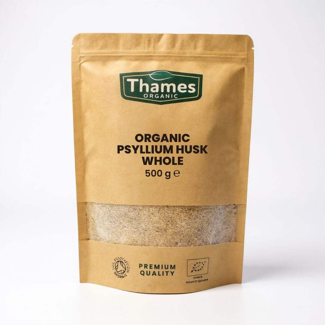 Organic Psyllium Husk Whole - High Protein, High Fibre, Raw, Vegan, GMO-Free - No Additives or Preservatives, Certified Organic - Nutritious, Versatile - Resealable Pouch - Thames Organic 500g
