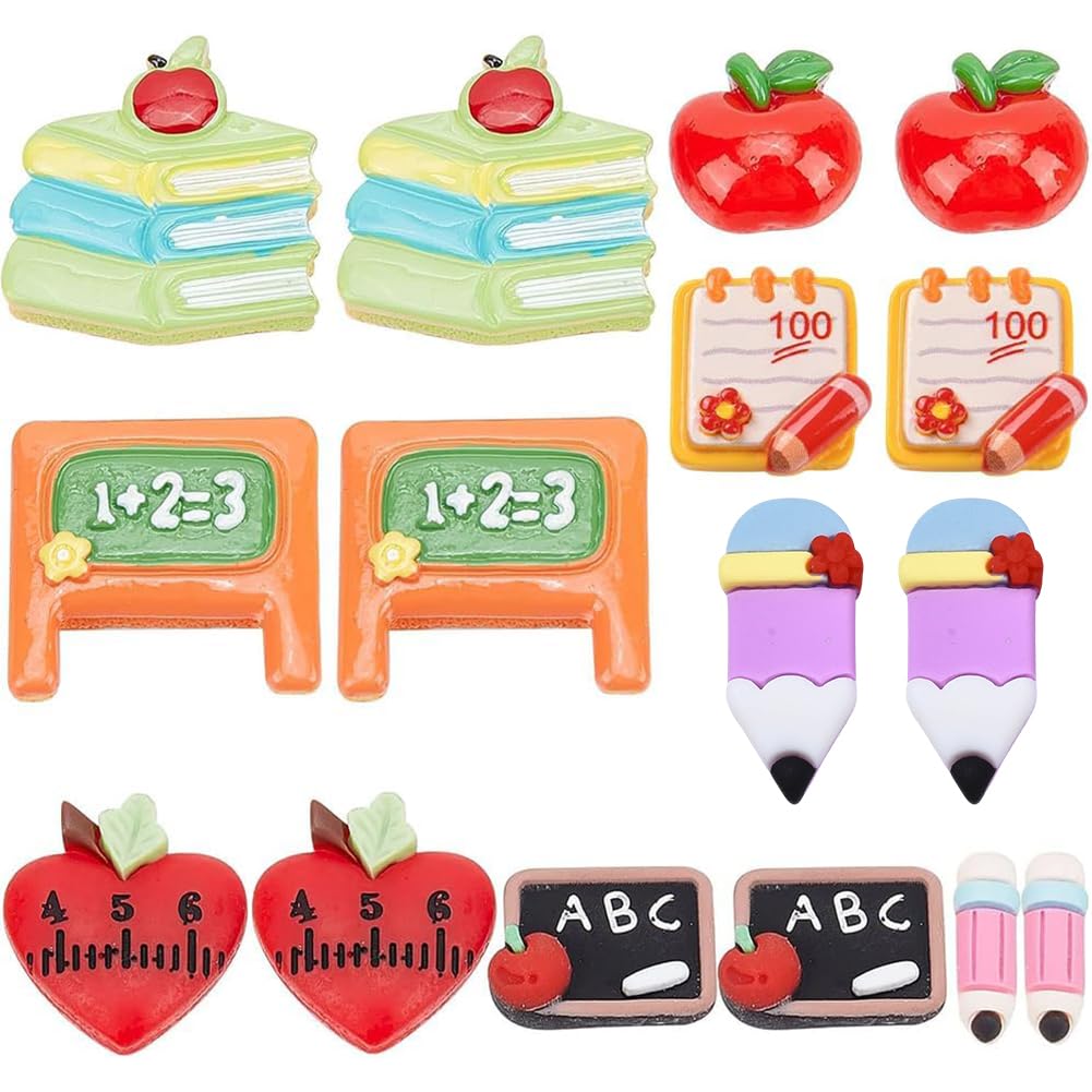 SUNNYCLUE 1 Box 32Pcs Teacher Charms Flatback School Resin Cabochons Best Teacher Student Red Apple Cabochon Pencil Notebook Large Flatbacks for jewellery Making Scrapbooking Embellishments Hair Clips