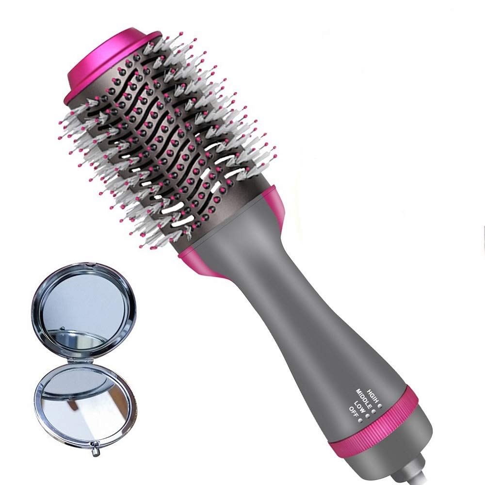 Ceramic-Coating Hair-Dryer-Brush Negative-Ion Blow-Dryer-Brush Hot-Air-Brush One-Step-Hair-Dryer-and-Volumizer for Hair Straightening, Curling, Styling and Drying 1000W(grey-rose red)
