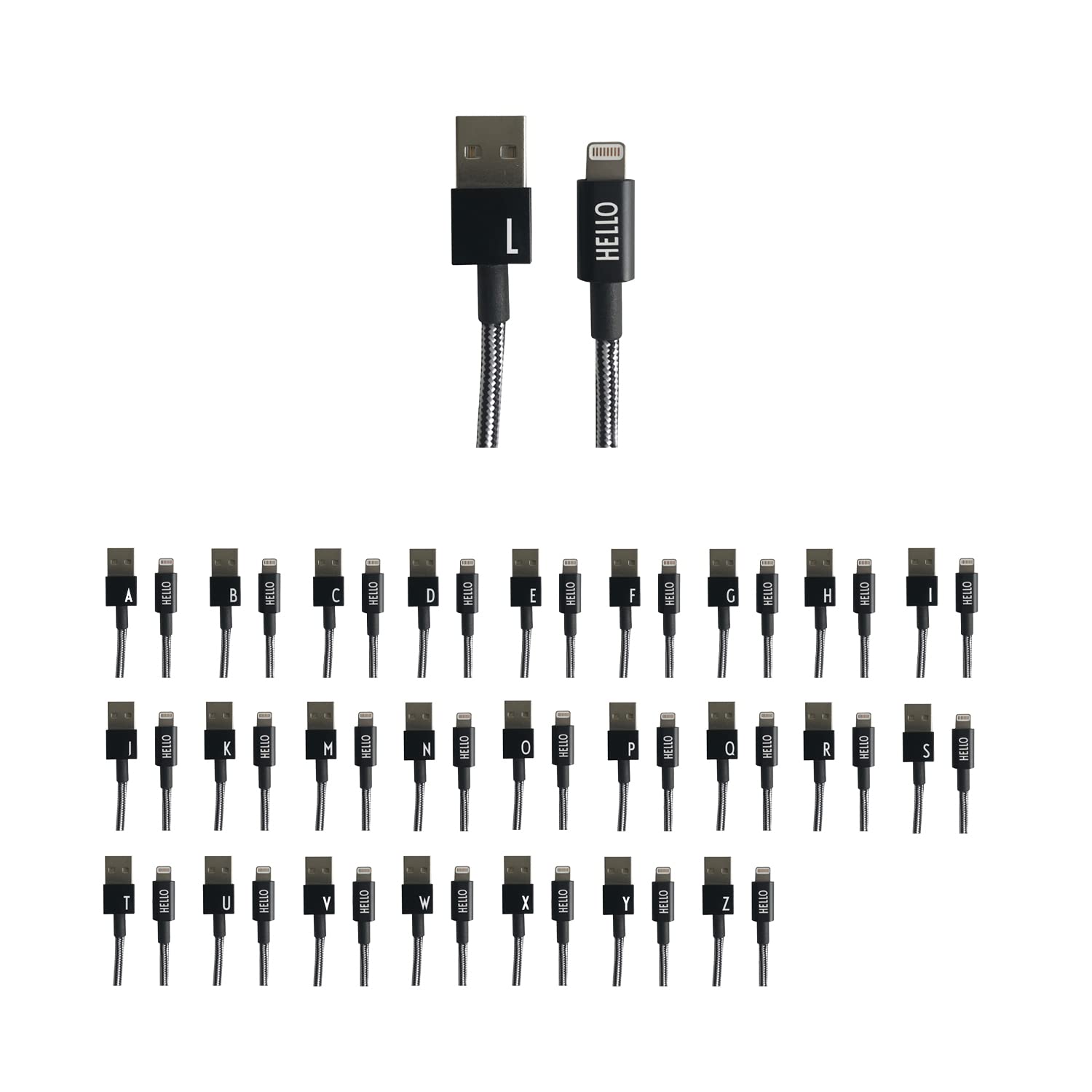 Design Letters MyCable Compatible for iPhone 1 Meter (A-Z) | USB C Cable CE Certified, RoHS & REACH Compliant | USB 2.0 Cable Type C Charger | Nylon braided USB C Charging Cable | Personal Cable Black