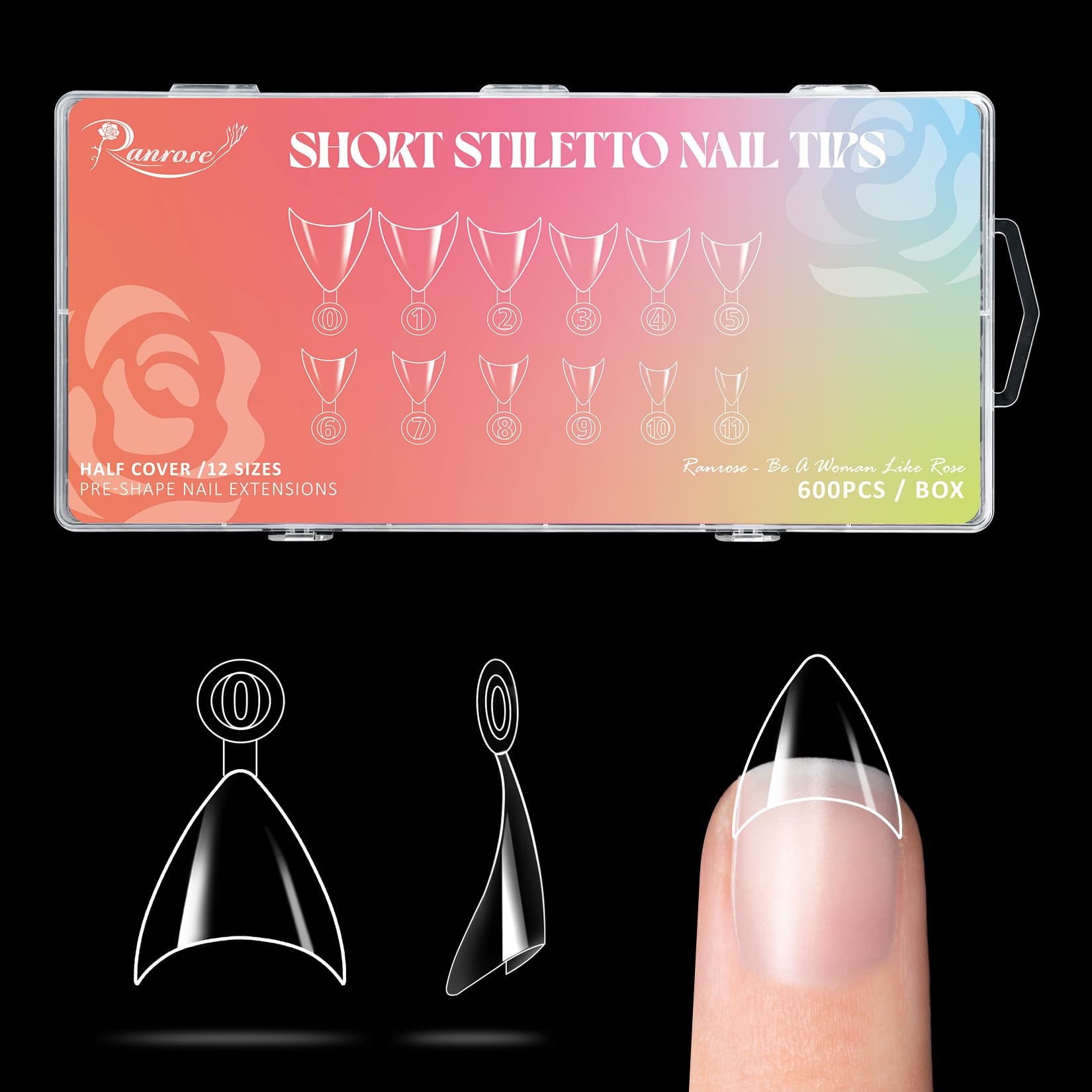 Ranrose 600PCS Short Stiletto Half Cover Nails Tips