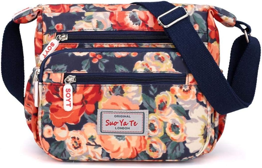 Womens Multi-Pocket Casual Crossbody Handbags Waterproof Flowral Printed Shoulder Nylon Bags Travel Messenger Bags (Floral-Orange)