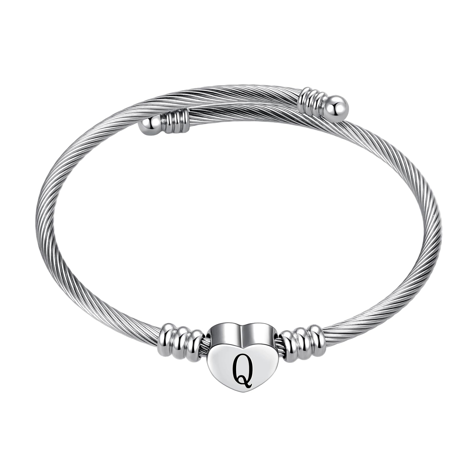 SBI Jewelry Initial Q Letter Cuff Bracelet for Women Silver Heart Bangle Engraved Lover Mum Sister Best Friend Daughter Family Birthday