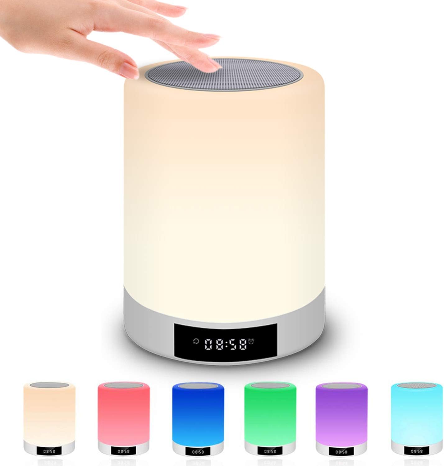 Night Light Bluetooth Speaker with Alarm Clock - Touch Sensor Wireless Speaker, Bedside Lamp, Dimmable Warm White Light & 7 Color 3 brightnesses Changing
