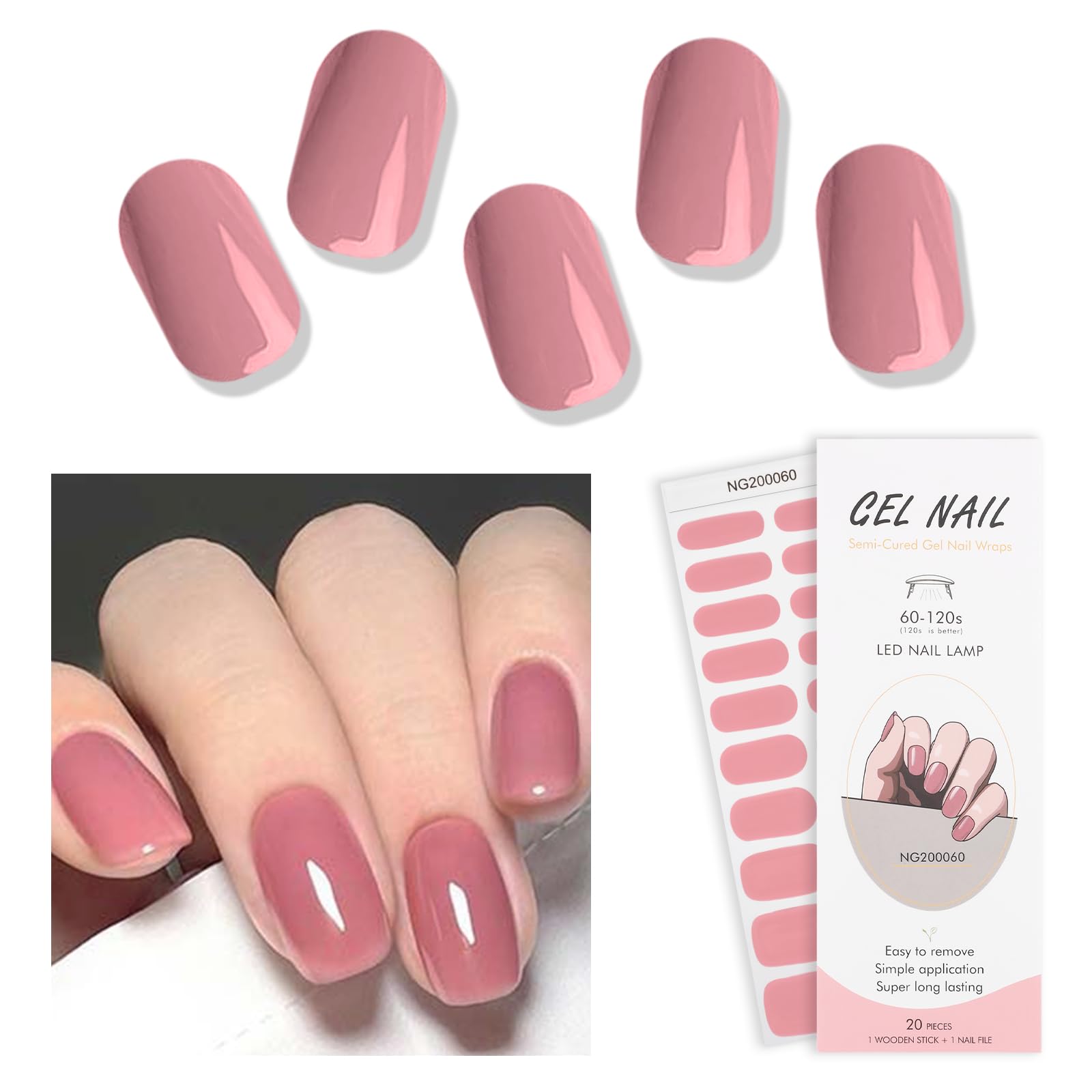 Semi Cured Gel Nails Strips, 20 PCS Gel Nail Stickers, Nail Polish Strips, Gel Nail Wraps UV for Home Nails DIY, Salon Quality & Easy to Use