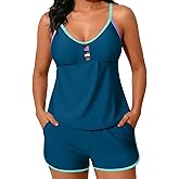 Aleumdr Women Blouson Color Block Tankini Swimsuits Tummy Control Two Piece Bathing Suits with Two Pockets Bottom Swimwear