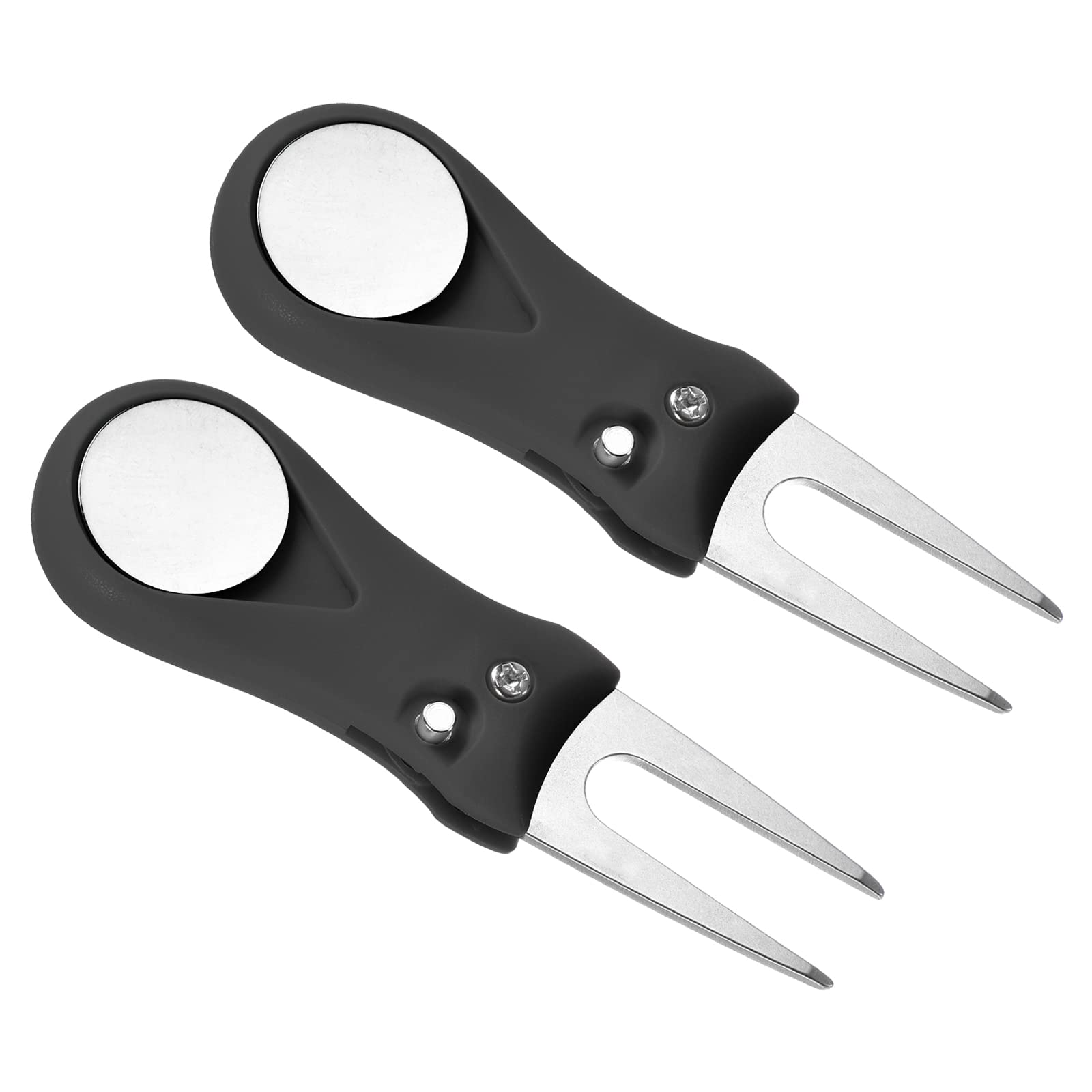 PATIKIL Golf Divot Tool, 2 Pack of Foldable Repair Fork with Button Ball Marker Training Accessory for Golf Sport, Black