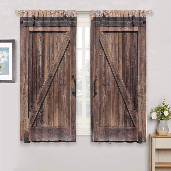 Rustic Curtain Holdback Wooden Barn Door in Stone Farmhouse Image