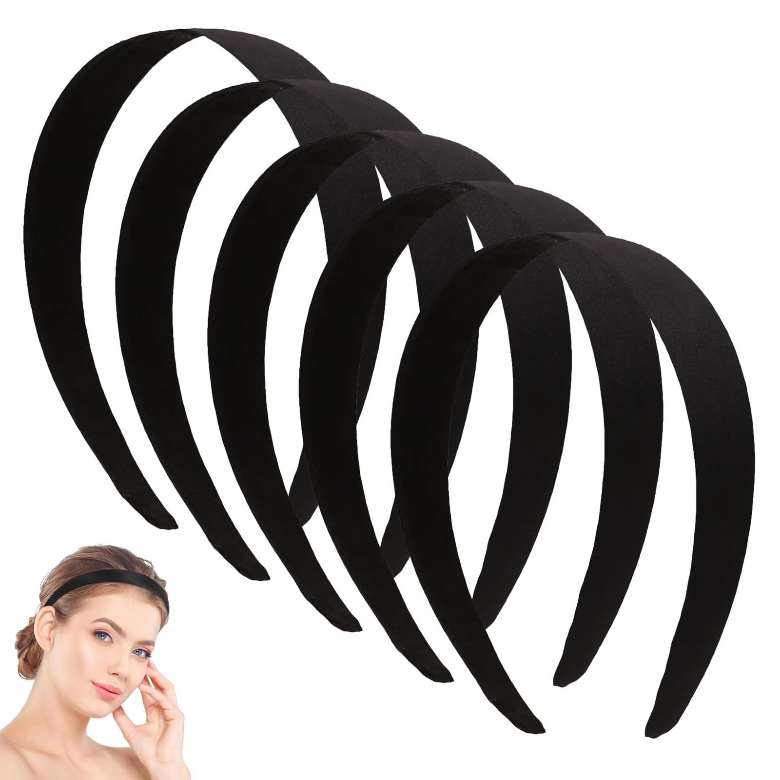 5 PCS Black Velvet Headband With Padding for Women and Teen Girls - Vintage No Teeth Lightweight Hair Accessories