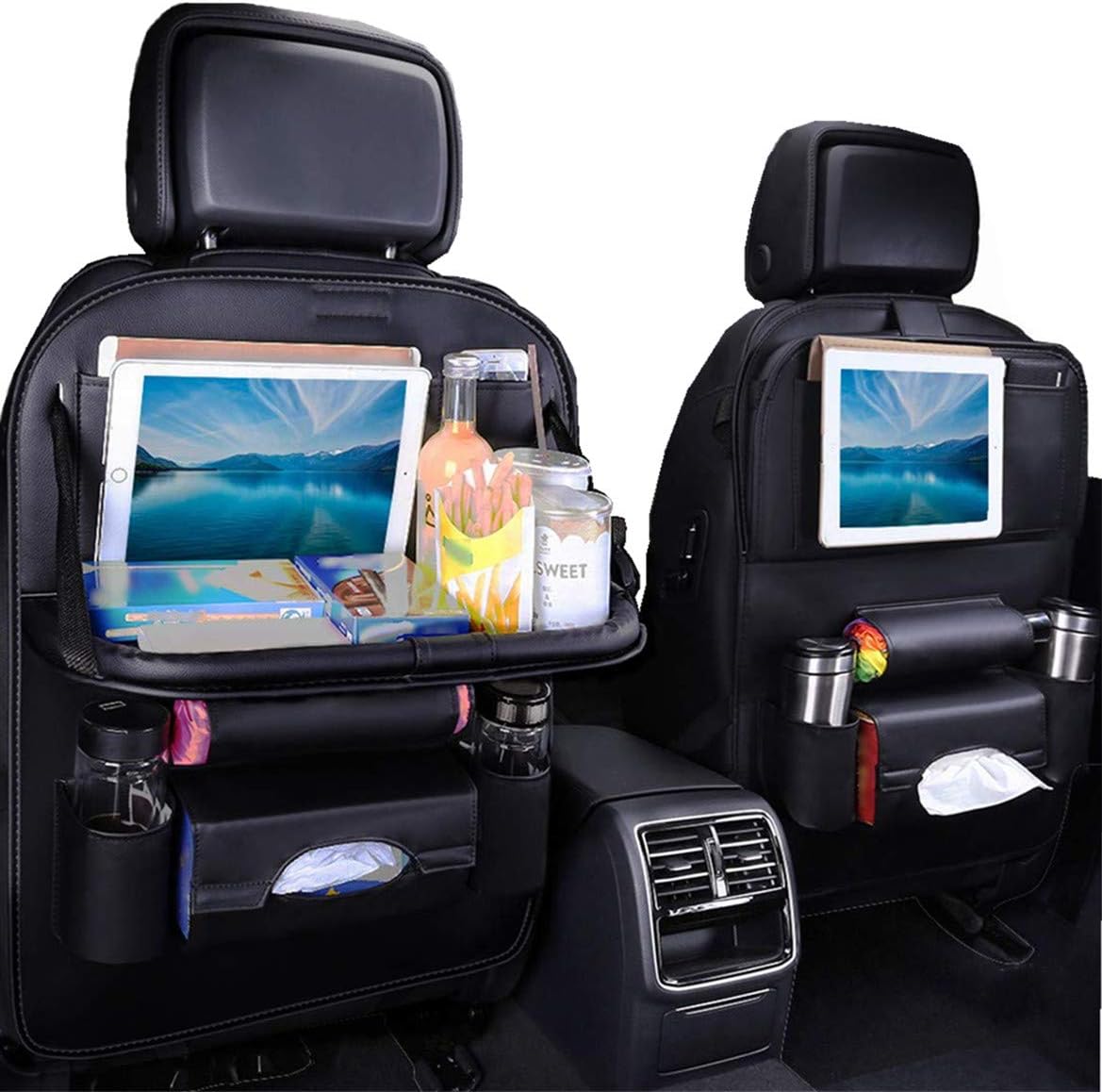 JECARNO Car Seat Protector Back Seat Organizer with Foldable Table Tray, PU Leather Car Backseat Organizer for Kids, Storage Bottles, Tissue Box, Toys, iPad Holder (Black - 1 Pack)