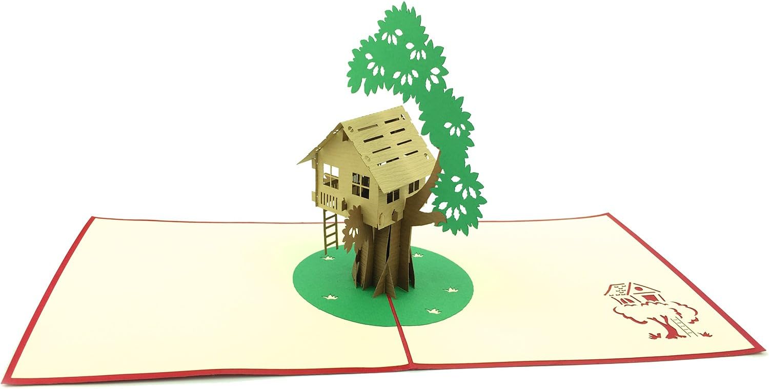 Birthday card for children “Tree-house” fancy popup 3D card left blank for beautiful birthday greeting. Original as a congratulation card or funny birthday invitation with envelope in set.