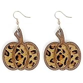 Halloween Spark Glitter Pumpkin Wooden Drop Earrings Thanksgiving Leopard Print Leather Pumpkin Wooden Dangle Earrings for Women Fall Thanksgiving Halloween Party Jewelry Gifts