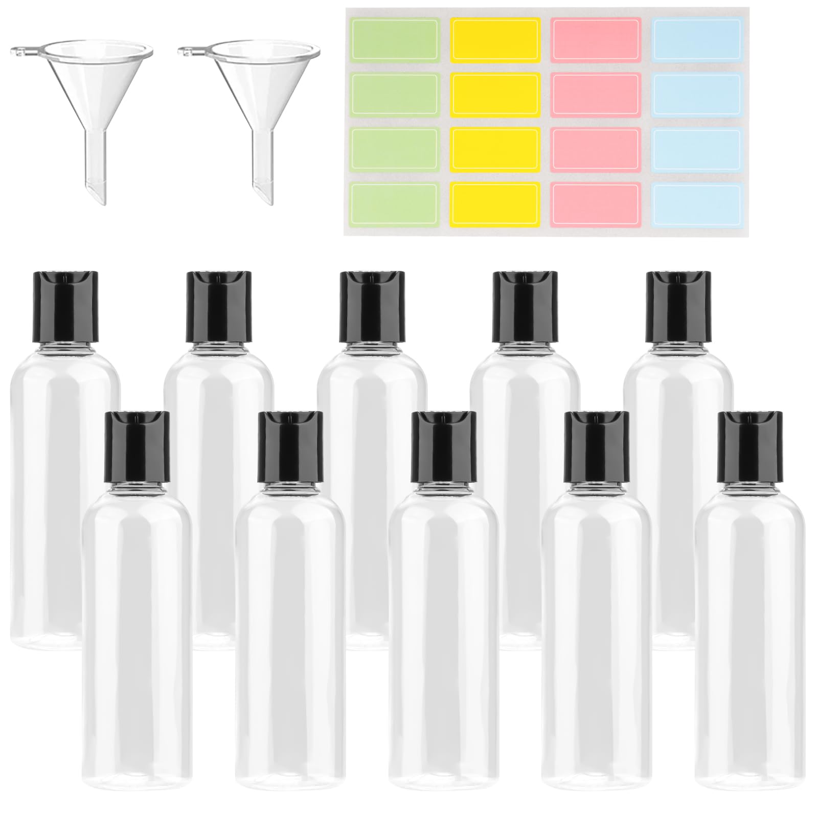 rietegio 10PCS 100ml Plastic Bottles Clear Mini Travel Containers with 2 Funnels and Colorful Labels Squeezable Refillable Travel Bottles for Toiletries Shampoo Lotions Cosmetics