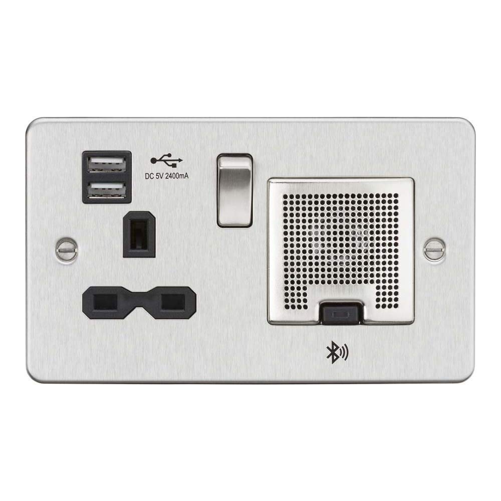 Flat Plate 13A Socket, USB Chargers (2.4A) and Bluetooth Speaker - Brushed Chrome with Black Insert