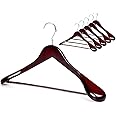 TOPIA HANGER Set of 6 Luxury Mahogany Wooden Coat Hangers, Premium Wood Suit Hangers, Glossy Finish with Extra-Wide Shoulder, Thicker Chrome Hooks & Anti-Slip Bar CT02M