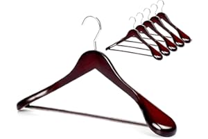 TOPIA HANGER Set of 6 Luxury Mahogany Wooden Coat Hangers, Premium Wood Suit Hangers, Glossy Finish with Extra-Wide Shoulder, Thicker Chrome Hooks & Anti-Slip Bar CT02M