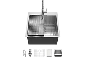 Logmey 22" Drop In Laundry Sink with Faucet Combo -22x22 Handmade Laundry Utility Sinks 16 Gauge Stainless Steel Single Bowl Sink 12 Inch Deep Laundry Room Sinks 22x22x12 Inch