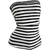 WDIRARA Women's Striped Tube Top Rhinestone Strapless Sleeveless Bandeau Tops