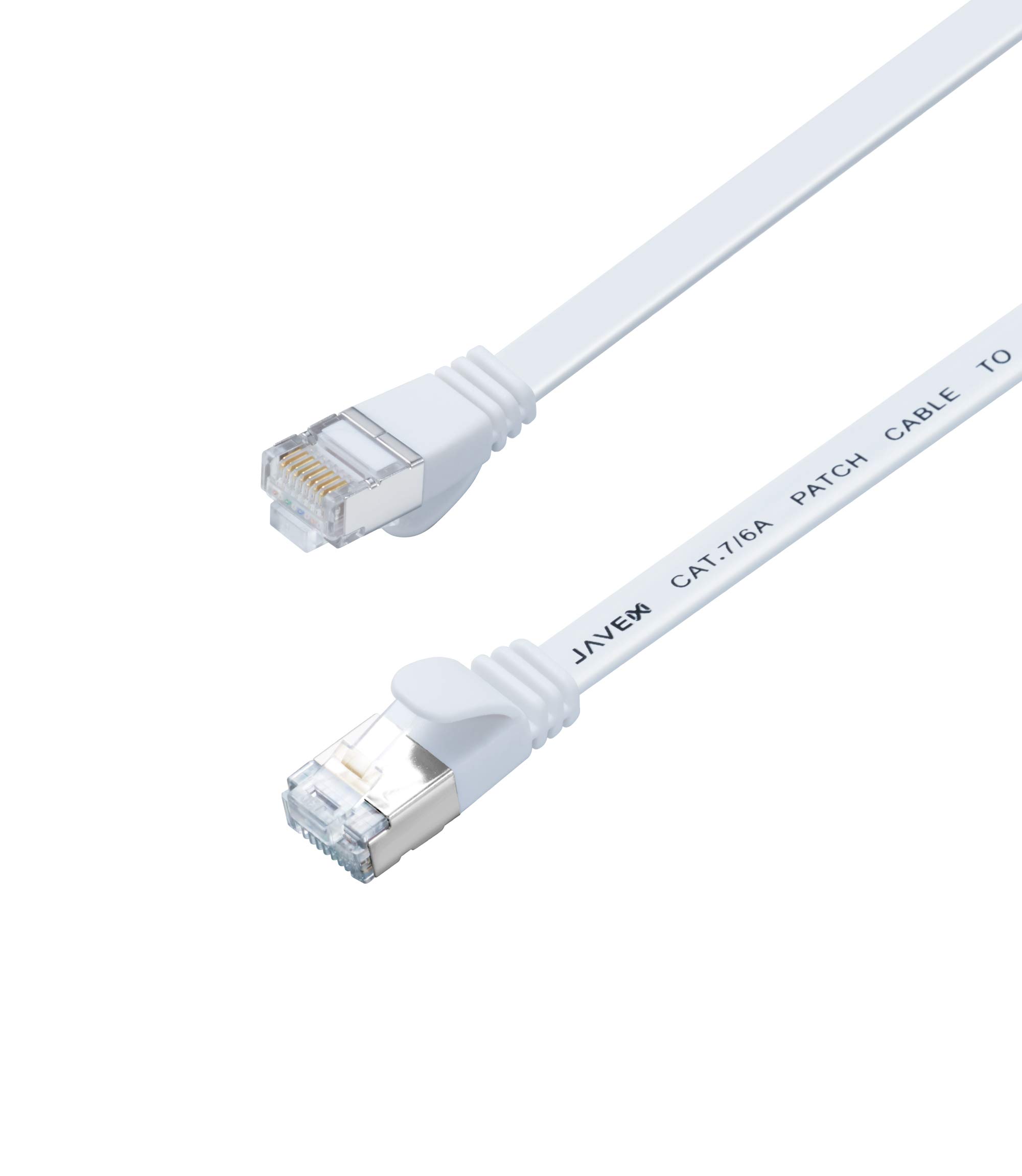 JAVEX CAT6a/CAT7 RJ45 [S/STP, 10GB] Network Ethernet Patch Cord [OFC] - Flat Cable, White, 7.6M/25FT