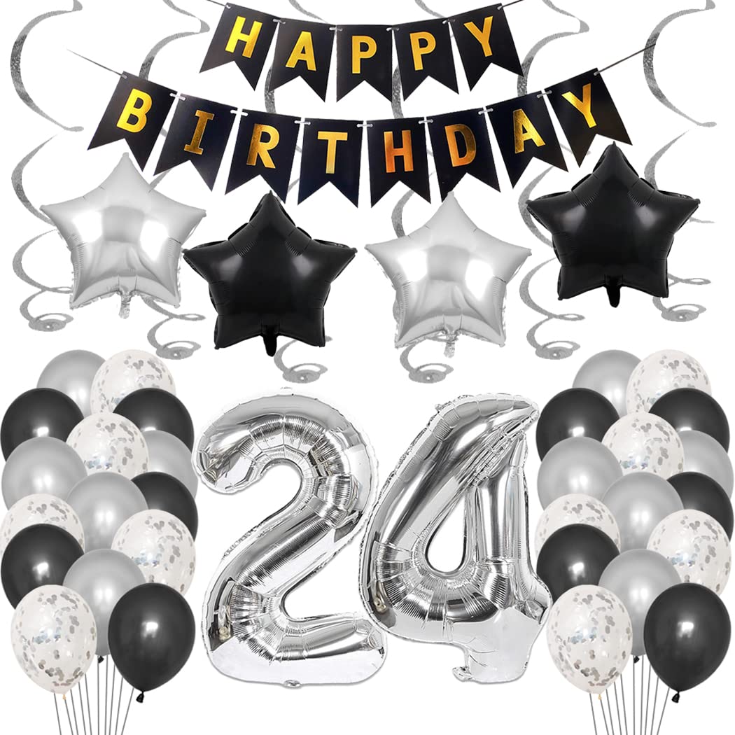 Borsgye 24th Birthday Party Decorations Set for Girl Boy Women Men Black HAPPY BIRTHDAY Letter Banner Foil Star Balloons Confetti Latex Balloons Hanging Swirl with Silver Giant Number 24 Balloon