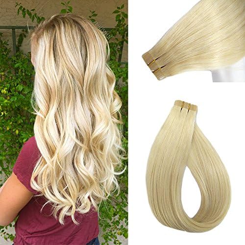 Mario Hair Tape in Human Hair Extensions Platinum Silky Straight Skin Weft Human Remy Hair Glue in Hair Extensions (18inches 40g/20pcs, TP-#60-18inch)