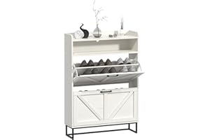 BTDWI Hidden Shoe Storage Cabinets with 2 Flip Drawers and Extra Storage, Freestanding Narrow Shoe Organizer Rack for Entryway, White