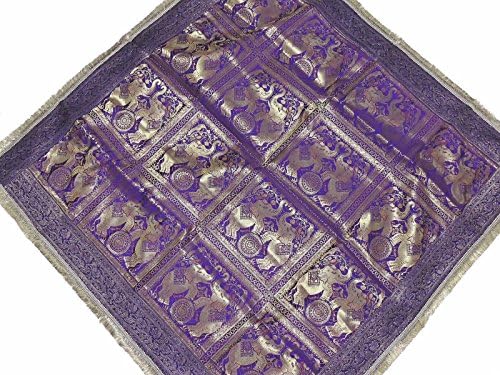 NovaHaat Shimmering Multipurpose Handicraft Purple and Gold Brocade Tablecloth / Topper / Overlay with Elephant Pattern and Gold Fringes - from Varanasi India ~ Square 48 Inch x 48 Inch