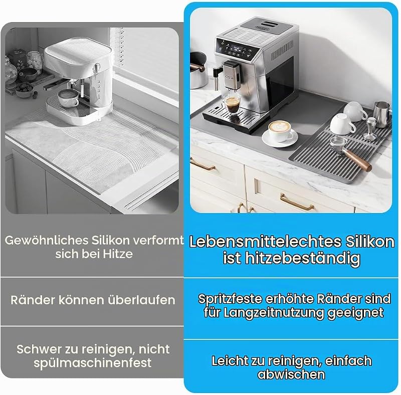 Kaffeemaschine Abtropfmatte aus Silikon, 2-in-1 Kaffeemaschine Unterlage, Abtropfmatte Geschirr, Kaffeematte mit Konvexem Rand, Silikon Matte für Kaffeevollautomat Küchenarbeitsplatten, Grau — Foto 4 von 8
