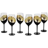 MyGift 14 oz Modern Slanted Matte Black and Gold Tone Stemmed Wine Glasses, Elegant Angled Design with Metallic Interior Accent Glass Stemware, Set of 6