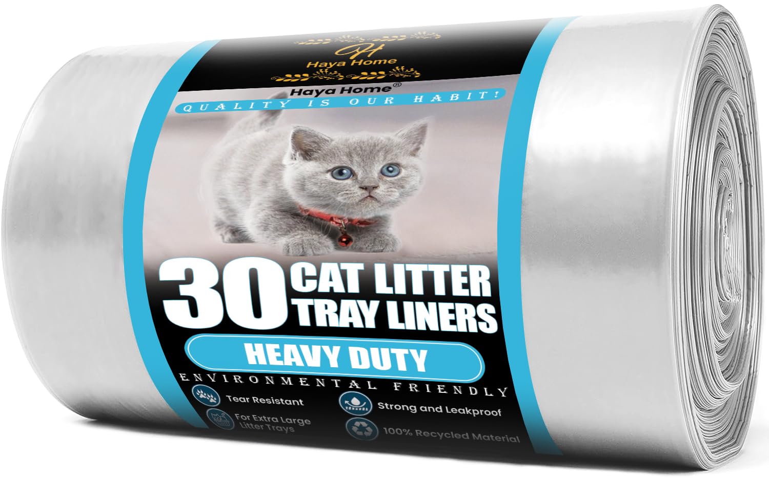 Haya Home Eco 30 XL Extra Large Heavy Duty Cat Litter Tray Liners on a roll 103 x 53 cm Claw Scratch Resistant Strong thick Cat Litter Box Plastic Bags Environmentally Friendly 100% Recycled Material