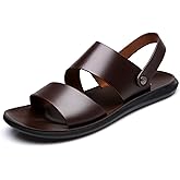 BOTRENT Men’s Casual Leather Slip On Flat Sandals Round Open Toe Adjustable Back Strap Lightweight Non Slip Summer Sandals for Outdoor Beach Daily