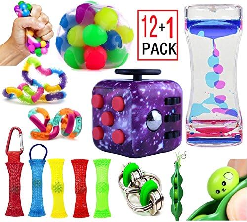 13 Pack Fidget And Sensory Toys Bundle,Purple Galaxy Fidget Cube,DNA Squeeze Balls,Liquid Motion/Twist Tangle/Bike Chain/bean Stress Relax Toy Set For ADD/ADHD Autism&amp;Anxiety Kids/Adults