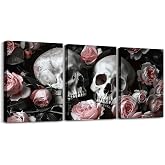 Manfei Gothic Skull Canvas Wall Art Set Of 3 Pieces, Pink Rose Flower Wall Decor Prints Home Artwork for Living Room Bedroom Decorative, Halloween Theme Wall Hanging, Kids Boys Girls Room Decor