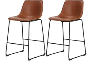 Sweetcrispy Counter Height Bar Stools Set of 2, Modern Counter Stool Faux Leather Barstools with Back, 26 inch Seat Height Island Stools Countertop Comfortable Brown Bar Chairs with Metal Legs