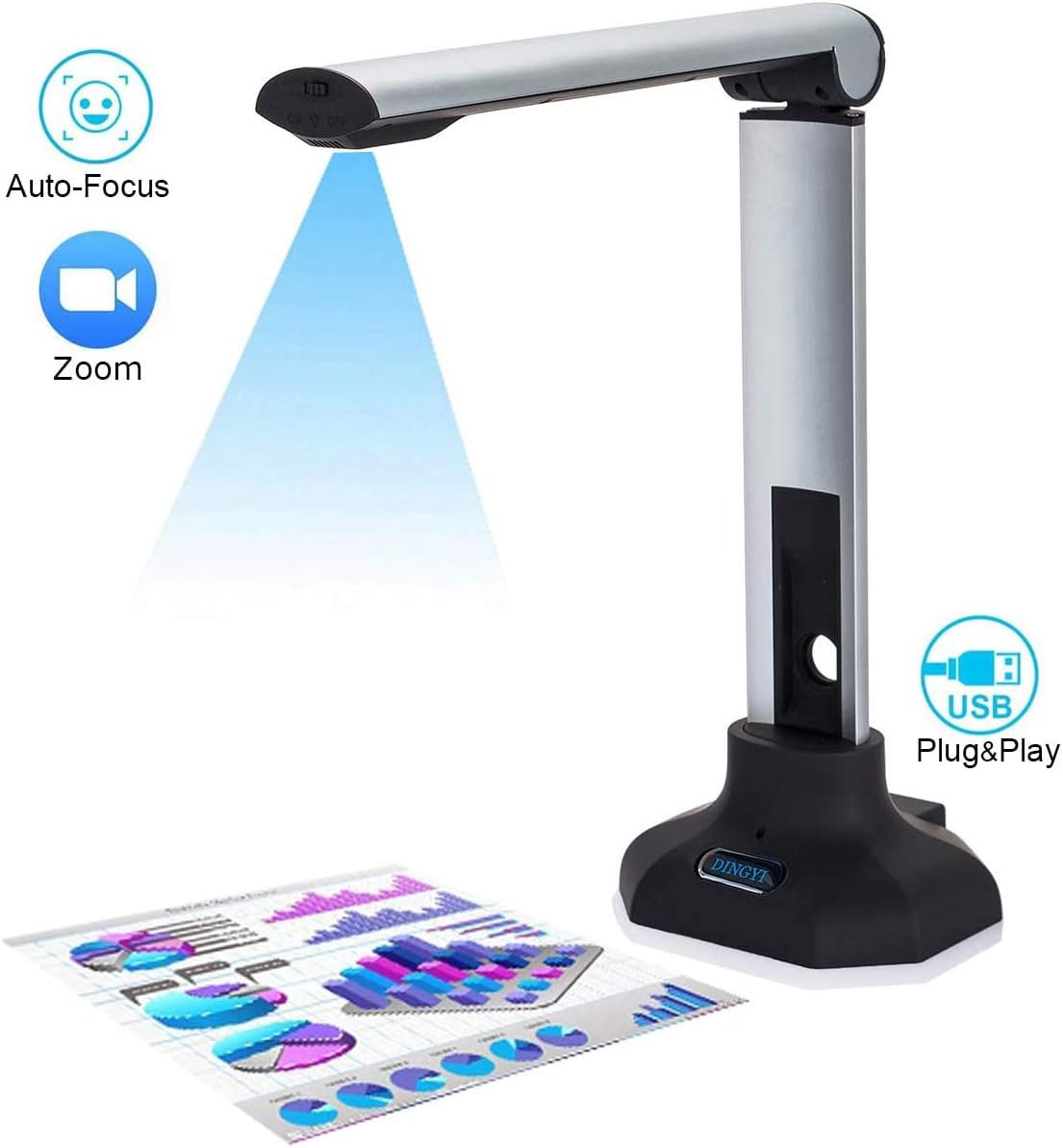DINGYI Portable 8MP USB Document Camera Scanner with Auto-Focus and LED Supplemental Light. Excellent for Teacher Web Classroom Library and Office Conferencing : Electronics
