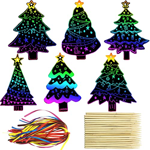 PARSUP 72Pcs Christmas Tree Scratch Paper Rainbow Color Scratch Ornaments Christmas Decorations Hanging Craft Art Kits with Wooden Stick and Ribbon for Kids Christmas Winter Party Favors
