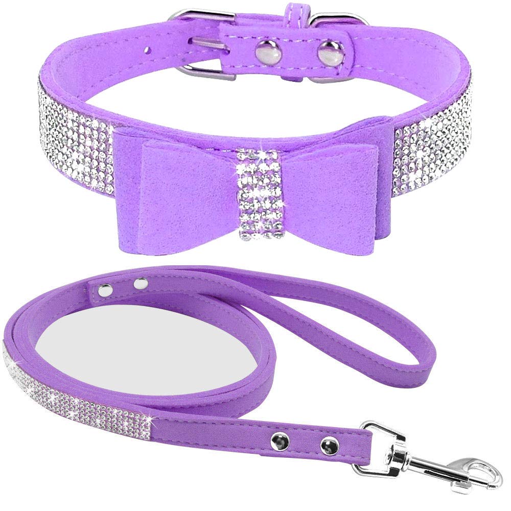 haoyueer Cute Dazzling Sparkling Elegant Fancy Soft Suede Leather Bling Rhinestone Crystal Jeweled Pet Cat Dog Puppy Collar Dog Leash Combo Set (XS, Purple-1) โ image 1