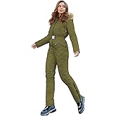 Yousify Womens Winter Ski Suit One Piece Hooded Fur Collar Ski Jumpsuit Snowsuit Outdoor Sports Coat