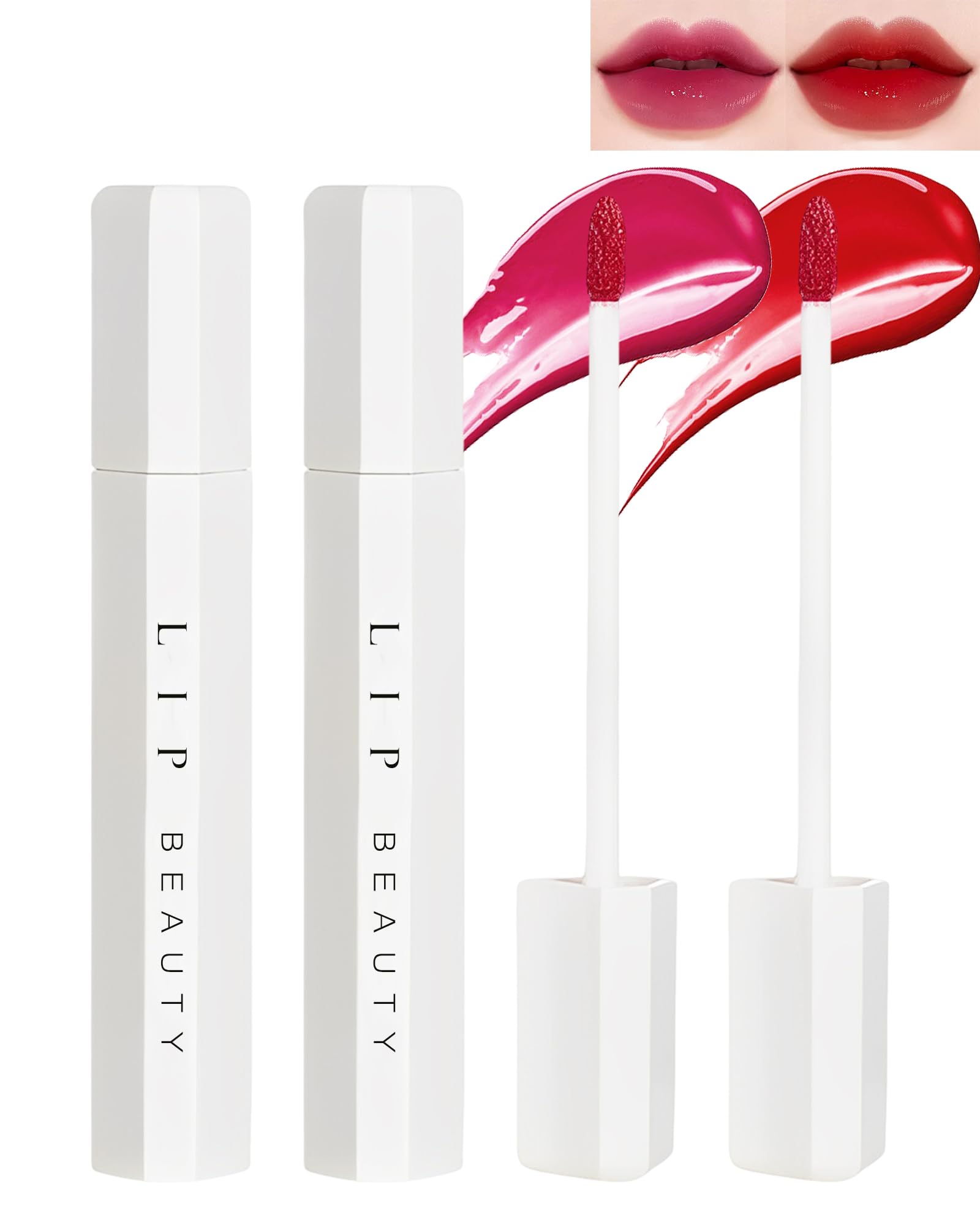 Photo 1 of 2 Colors Lip Tint Stain Duo, Moisturizing Water Lip Tint Liquid Lipstick Makeup Set, High Pigment & Non-Sticky & Smudge-proof Lip Gloss Oil for Lasting All-Day Beauty, Multi-use Lip & Cheek Tint-01+02