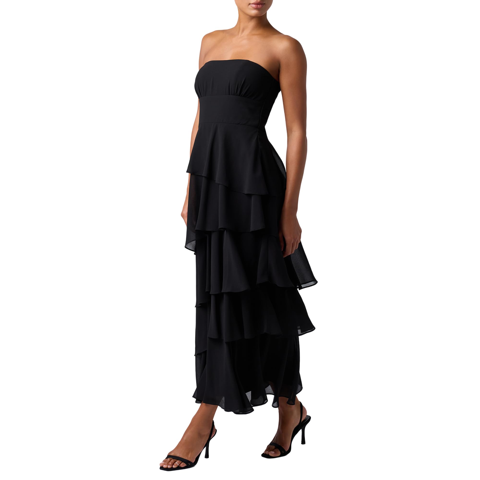 Lulus Jovie Strapless Tiered Midi Dress for Women Elegant Black Chiffon Cocktail Dress with Ruffled Tiers and Smocked Back Flowy A-Line Midi Dress for Summer, Fall & Party Events