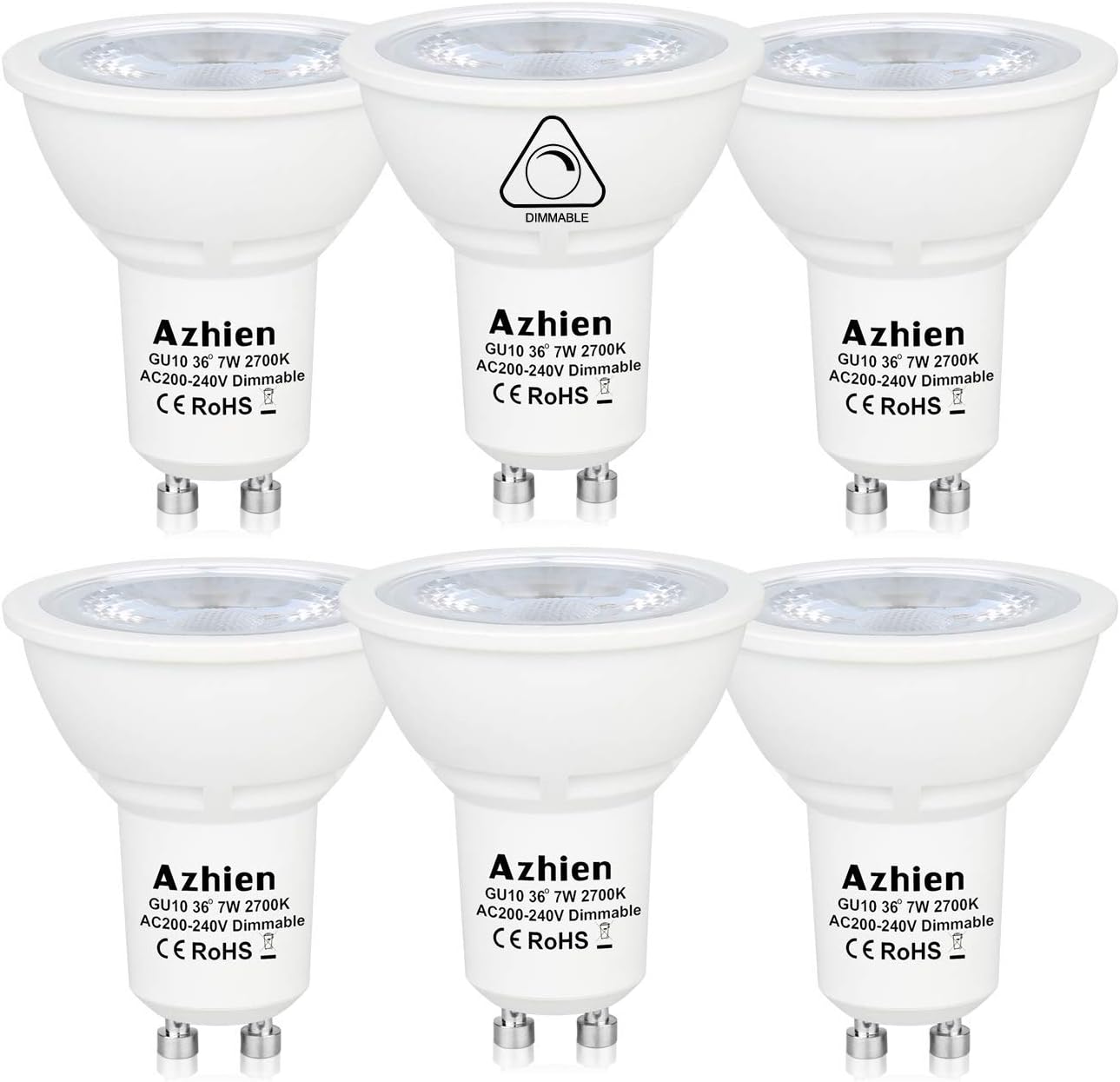 U10 LED Bulb Dimmable 7W Lights 230V AC Azhien, 50W Halogen Light Equivalent,560LM,36°Angle, Warm White 2700K, 220V-240Vac,Standard Size, Recessed Lighting, Spotlights, Pack of 6 Units [Energy Class A+]